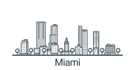 Linear banner of Miami city. All buildings - customizable different objects with background fill, so you can change composition for your project. Line art.