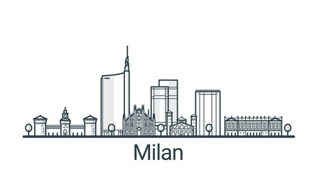 Linear banner of Milan city. All buildings - customizable different objects with background fill, so you can change composition for your project. Line art.
