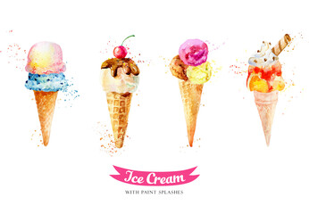 Watercolor Ice Cream. Summer digital clipart. Sweets wall art. Waffle cone decor. Hand painted dessert