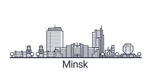 Fototapeta premium Linear banner of Minsk city. All Minsk buildings - customizable objects with opacity mask, so you can simple change composition and background fill. Line art.