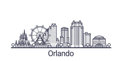 Linear banner of Orlando city. All Orlando buildings - customizable objects with opacity mask, so you can simple change composition and background fill. Line art.