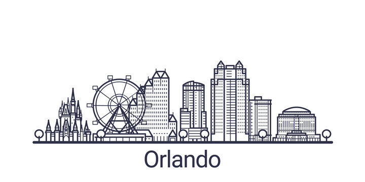 Linear Banner Of Orlando City. All Orlando Buildings - Customizable Objects With Opacity Mask, So You Can Simple Change Composition And Background Fill. Line Art.