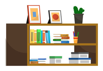 Shelf with books and files, isolated interior design item. Wall stall with pictures in frame and cactus decor for home or office. Living or working space improvement, vector in flat style illustration