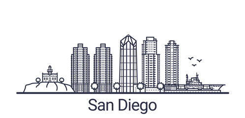 Linear banner of San Diego city. All buildings - customizable different objects with clipping mask, so you can change background and composition. Line art. - obrazy, fototapety, plakaty