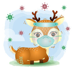 cute deer using face shield and mask.  Covid-19,  coronavirus vector illustration.