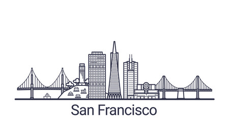 Linear banner of San Francisco city. All San Francisco buildings - customizable objects with opacity mask, so you can simple change composition and background fill. Line art.