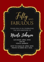 Fifty and Fabulous. Birthday party vector printable invitation card with golden glitter elements.
