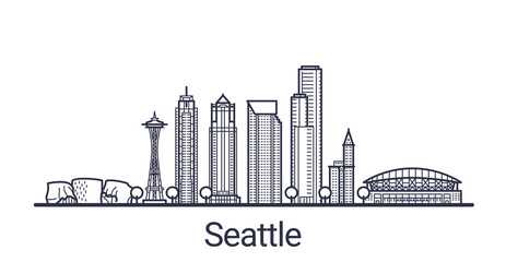 Linear banner of Seattle city. All buildings - customizable different objects with clipping mask, so you can change background and composition. Line art. - obrazy, fototapety, plakaty