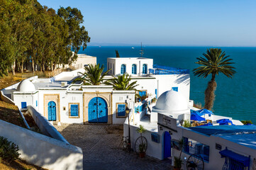 Tunisia. Sidi Bou Said. View of the Gulf of Tunis and the famous Coffee "Sidi Chebaane"