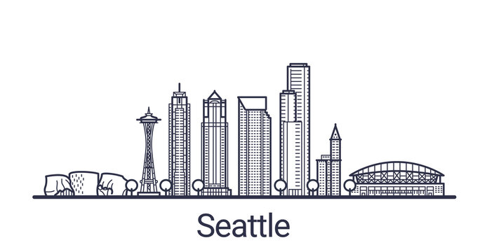 Linear banner of Seattle city. All buildings - customizable different objects with clipping mask, so you can change background and composition. Line art.