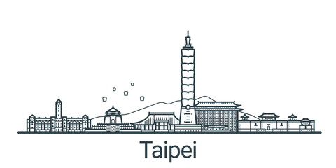 Linear banner of Taipei city. All buildings - customizable different objects with background fill, so you can change composition for your project. Line art.
