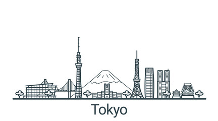 Obraz premium Linear banner of Tokyo city. All buildings - customizable different objects with background fill, so you can change composition for your project. Line art.
