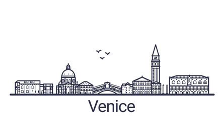 Naklejka premium Linear banner of Venice city. All Venice buildings - customizable objects with opacity mask, so you can simple change composition and background fill. Line art.