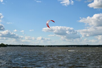 Kite surfer on the Zegrze Reservoir (Zegrze Lake, Zegrzynski Lagoon) man-made reservoir in Poland, located north of Warsaw. Nieporet, Poland