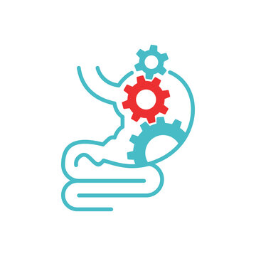 recommend clip art: Digestive laxative system icon - human stomach with gear box mechanicm inside - for gastro medical drugs packaging  - isolated vector emblem 