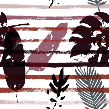 Sailor Stripes Vector Seamless Pattern, Brown Green Khaki Exotic Floral Print. Trendy Boho 