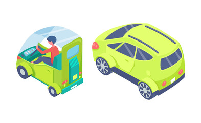 Electro green car, person sitting in auto, back view of automobile with driver, eco transport, ecological vehicle, electricity object with wheels vector