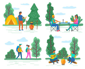 Fototapeta premium Camping and hiking, walking and campfire, outdoor activity vector. Hikers with backpacks, eating at table and playing guitar, bonfire and tents. people sitting on logs in forest illustration