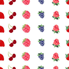 Strawberry raspberry cherry blackberry seamless pattern on a white background