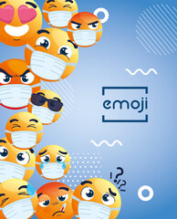Fototapeta premium set of emoji wearing medical masks, icons for covid 19 coronavirus in geometric abstract background vector illustration design
