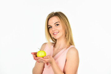 Obraz na płótnie Canvas this is for me. healthy food. full of vitamin. organic and natural eating. good for your teeth health. girl smiling with apple isolated on white. dieting idea. forbidden fruit. happy woman hold apple