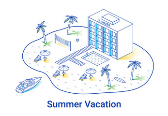 Summer vacation illustration in linear isometric style. Minimal art line. Concept with hotel, palms and yacht.