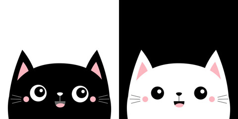 Cat kitten kitty smiling icon set. Kawaii cartoon character. Cute face. Happy Valentines Day. Pink cheeks. Baby greeting card tshirt notebook cover print. White black background. Flat design.