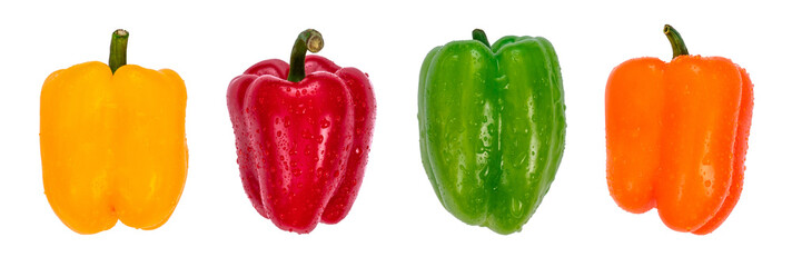 Set of sweet bell peppers of different colors with water drops, isolated on white background. Fresh raw vegetables