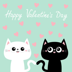 Happy Valentines Day. Black white cat kitty kitten set. Pink hearts. Cute kawaii cartoon character. Smiling face, tail. Baby greeting card tshirt notebook cover print. Blue background. Flat design