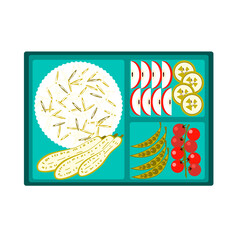 Lunchbox icon. Flat illustration of lunch in box with rice, squash, cherry tomatoes, green peas, apple and banana, vector icon for web