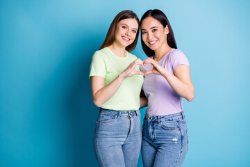 Naklejka premium Photo of affectionate lesbians couple young ladies romantic date make arms fingers heart shape symbol lovers anniversary wear casual t-shirts jean isolated blue color background
