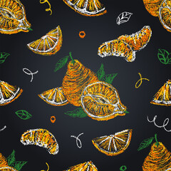 Minneola seamless pattern on chalkboard. Hand drawn citrus background. Pastel drawing 