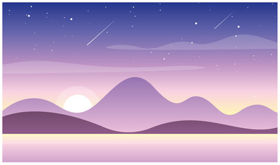 Vector illustration of beautiful sunset in mountains with lake. Wild nature, travel concept in pastel colors, sunset or sunrise in mountains and hills in flat cartoon style
