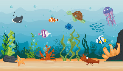 Fototapeta na wymiar lobster with fish and wild marine animals in ocean, seaworld dwellers, cute underwater creatures,habitat marine concept vector illustration design