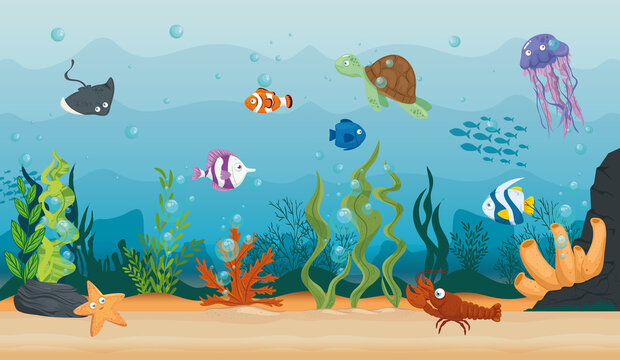 lobster with fish and wild marine animals in ocean, seaworld dwellers, cute underwater creatures,habitat marine concept vector illustration design