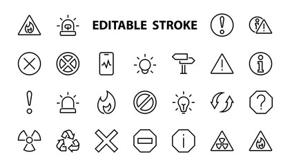 WARNINGS simple set of thin line vector icons. Contains icons such as warning, exclamation mark, reuse, warning sign and more. Editable stroke. Vector illustration