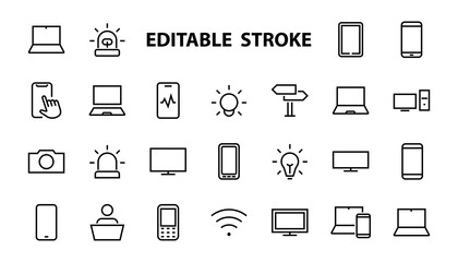 SMART devices and gadgets linear icons set, vector, contains icons computer, camera, laptop, phone, web devices, electronic appliances, and much more. Editable stroke