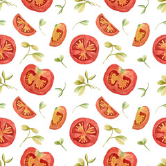 Seamless pattern of tomato, avocado and sprouts. All elements are hand-drawn in watercolor. The pattern for decoration of menus, packaging, packages, napkins, wallpapers, fabrics