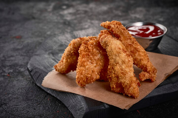 Fried crispy nuggets with ketchup on parchment paper.