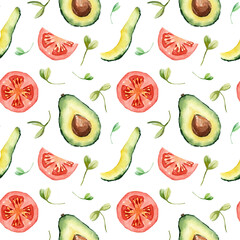 Seamless pattern of tomato, avocado and sprouts. All elements are hand-drawn in watercolor. The pattern for decoration of menus, packaging, packages, napkins, wallpapers, fabrics