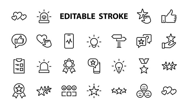 Simple Set Feedback, Reviews Thin Line Icons. Evaluation, Review, STAR, LIKE And Much More, Editable Stroke. Vector Illustration