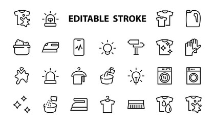 Simple set of washing related vector line Icons. Contains icons such as washing machine, powder, laundry, dirty t-shirt and much more. On a white background, editable stroke. 48x48 pixels perfect