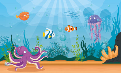 Fototapeta na wymiar octopus animal marine in ocean, with jellyfish and ornamental fishes, sea world dwellers, cute underwater creatures,habitat marine vector illustration design