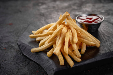 French fries with ketchup on a dark background.
