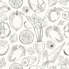 Fruits and vegetables seamless pattern. Black and white. Vector