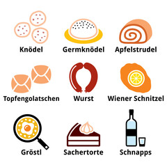 	
Austrian food, Austrian cuisine - traditional meals an drink vector icon set 
