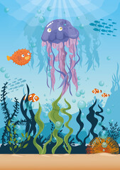 Obraz premium jellyfish with fishes wild marine animals in ocean, sea world dwellers, cute underwater creatures,habitat marine concept vector illustration design