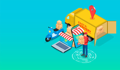 Delivery express by parcel delivery person with scooter and truck by E-Commerce system on Smartphone and computer. isometric flat design. Vector illustration
