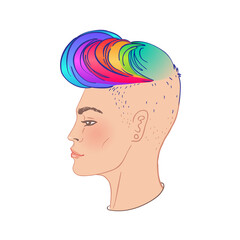 LGBT person with rainbow hair. Non binary caucasian person. Gay Pride. LGBTQ concept. Isolated on white vector colorful illustration. Sticker, patch, t-shirt print, logo design.