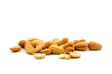 Roasted salted cashew nuts isolated on white background